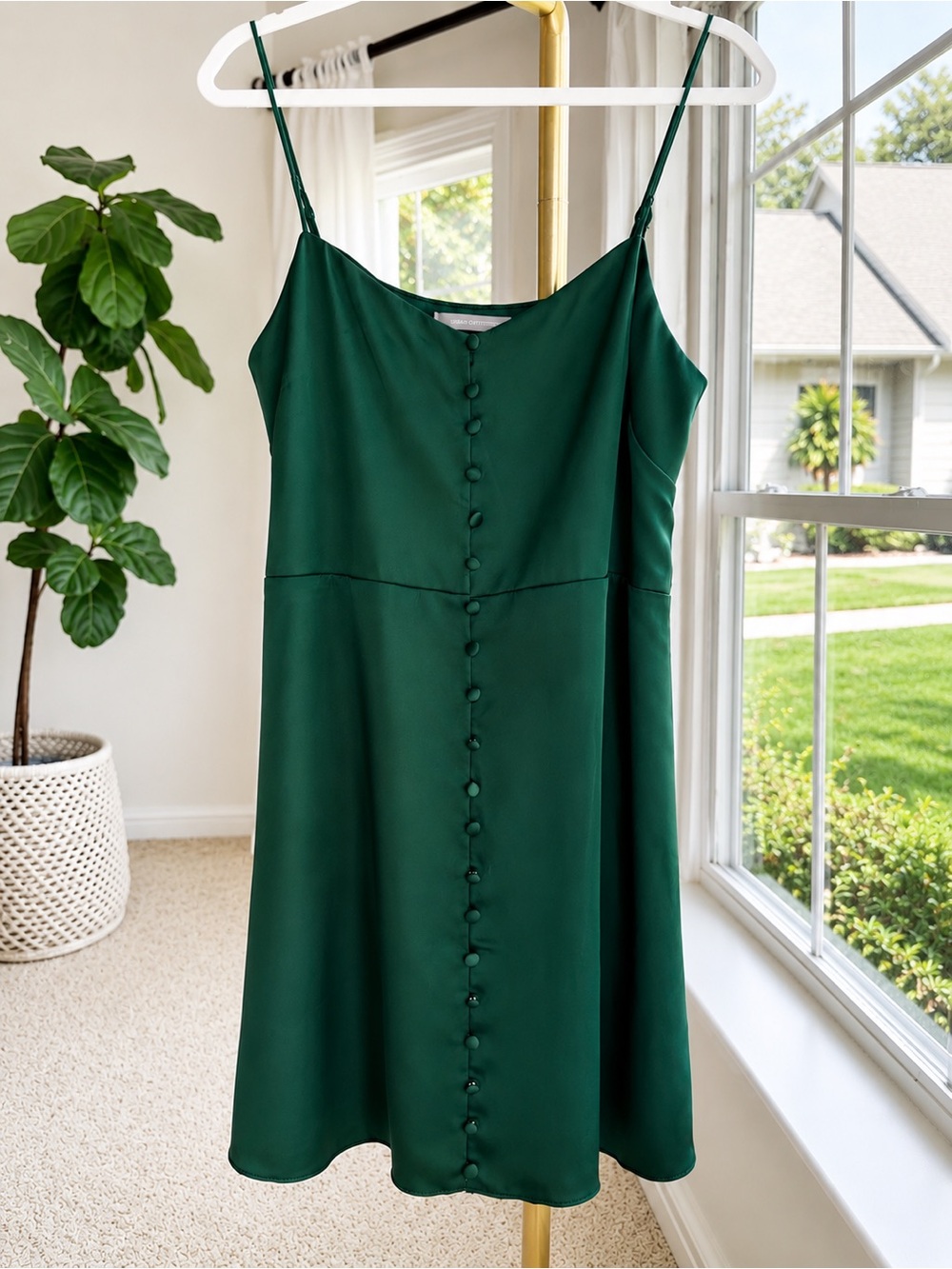 Urban Outfitters Forest Green Satin Slip Dress with Button Front
